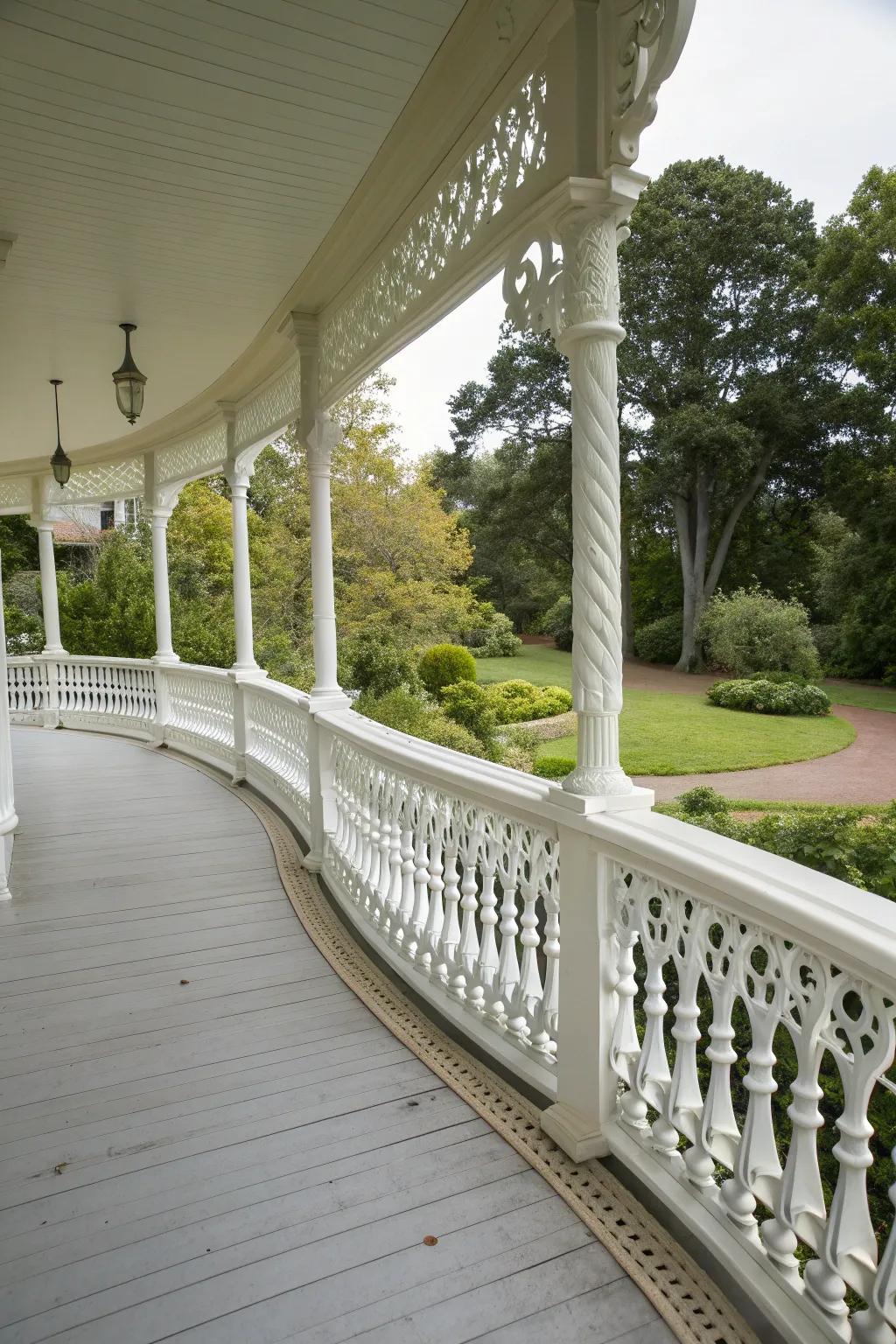 Curved railings add a soft elegance to the porch design.