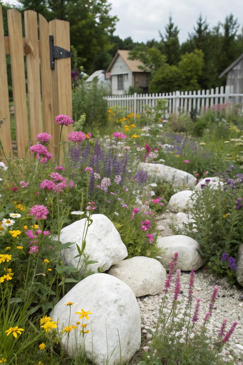 White rocks adding charm to a cottage garden setting.