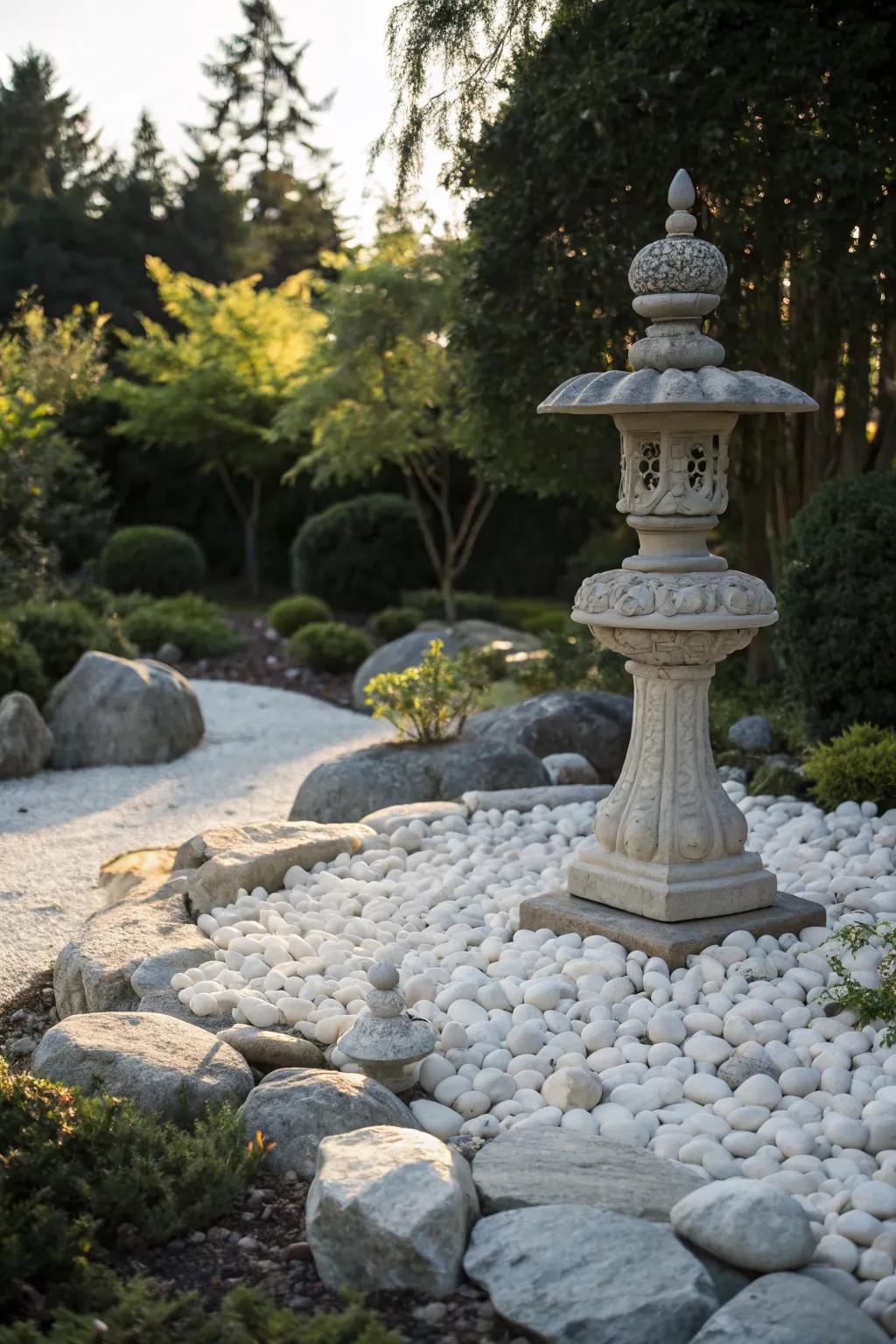 Use white rocks to highlight garden sculptures and art.