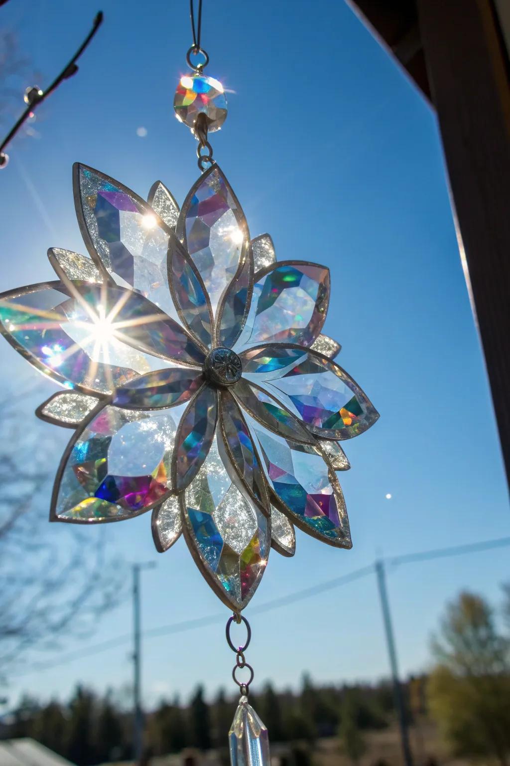 Crystal wind spinners create enchanting light displays.