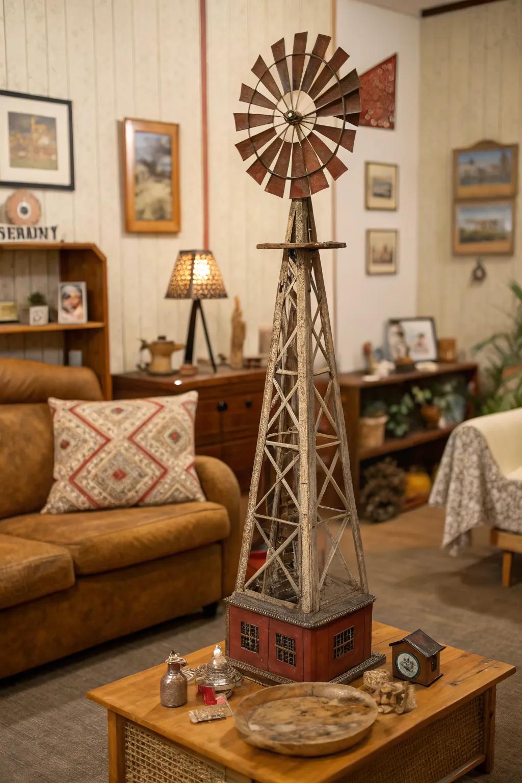 Warm vintage windmill adding retro vibes.