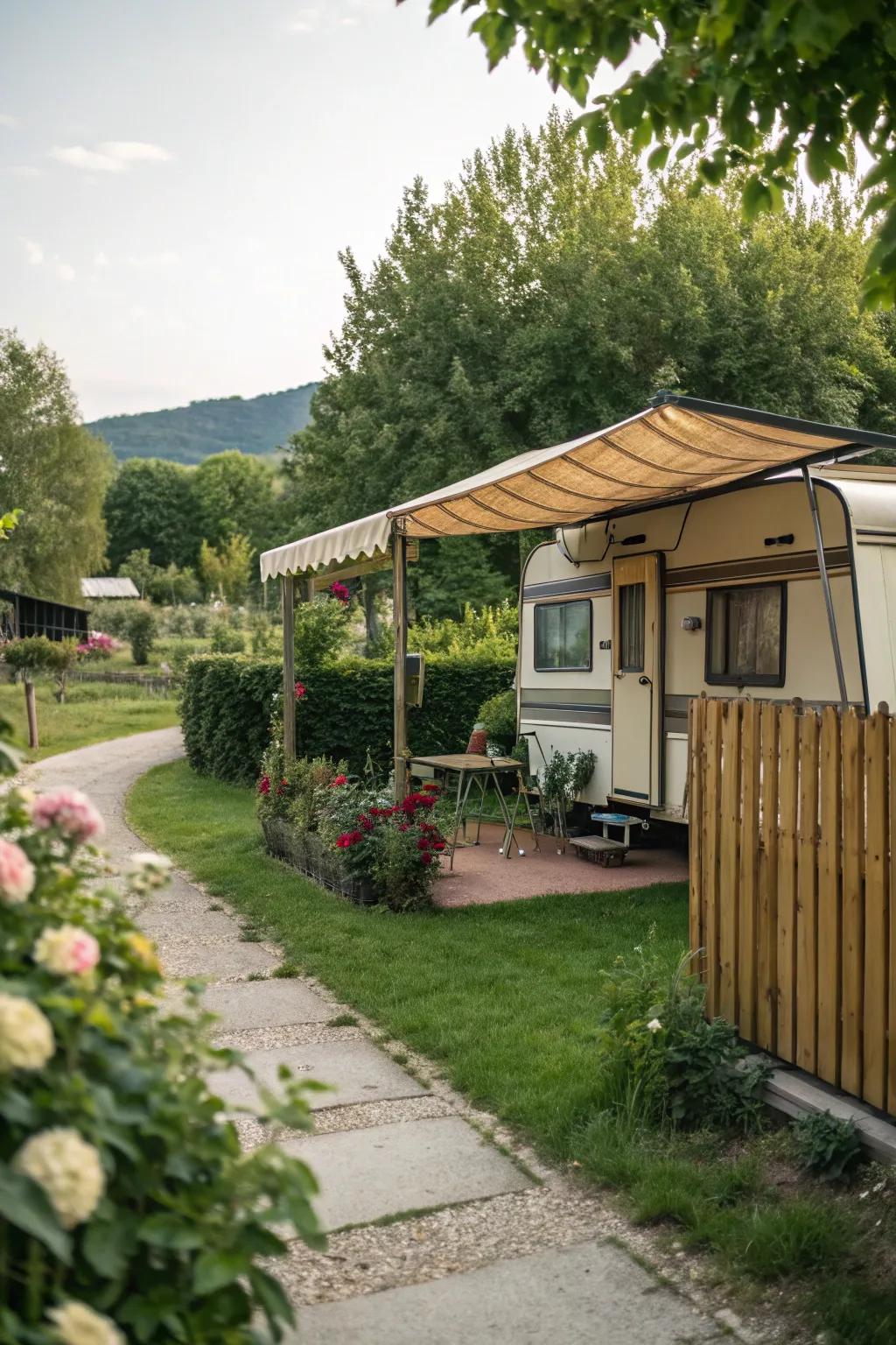 A rustic canvas awning bringing a quaint charm to a mobile home.