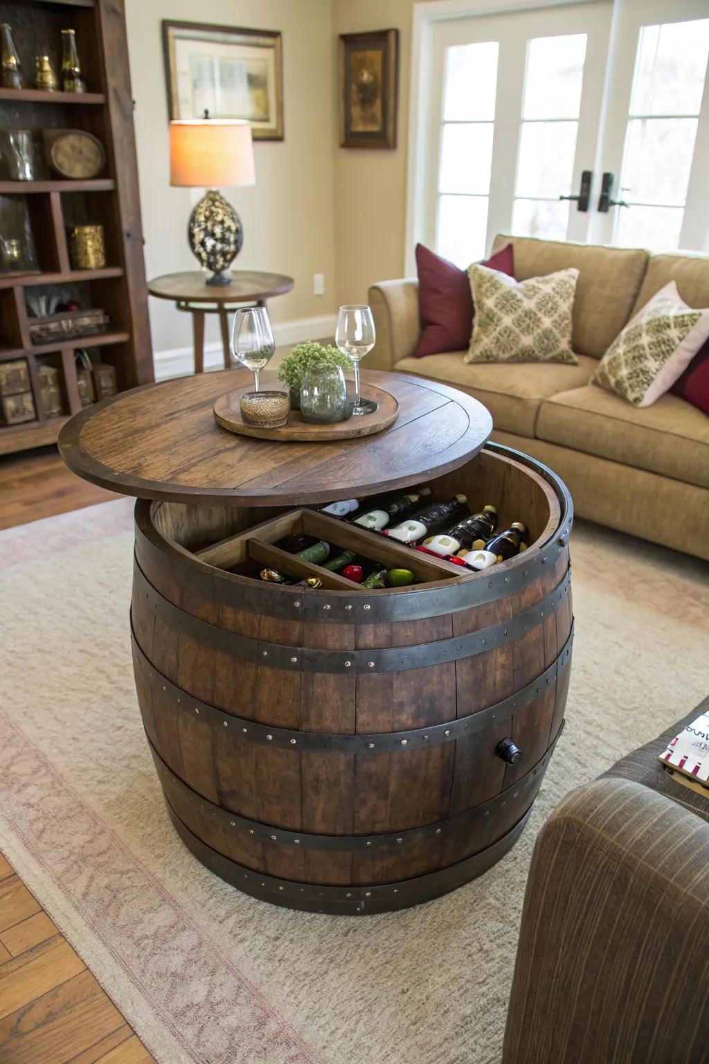 Functional elegance with a wine barrel table featuring hidden storage.