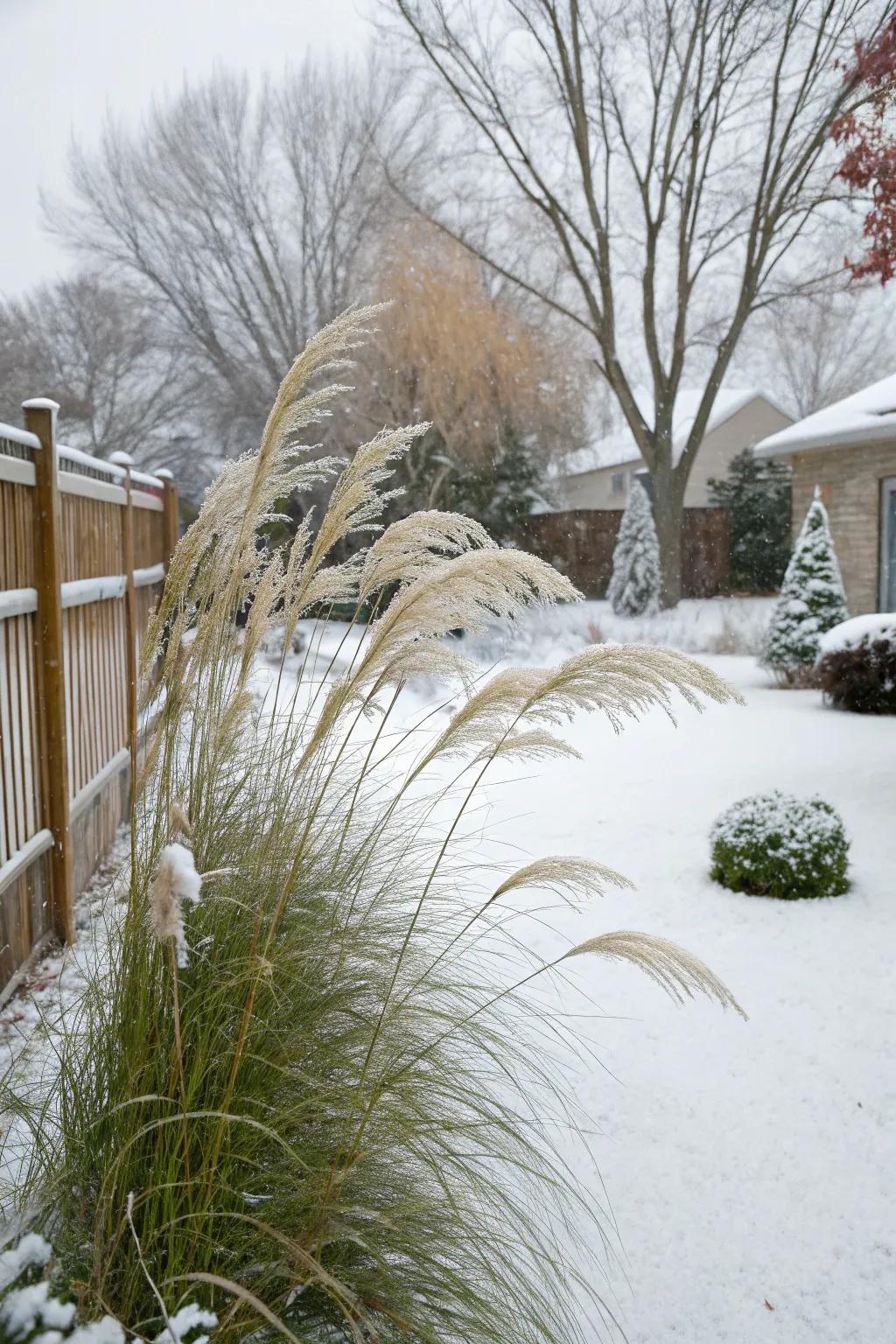 Ornamental grasses create dynamic winter garden visuals.