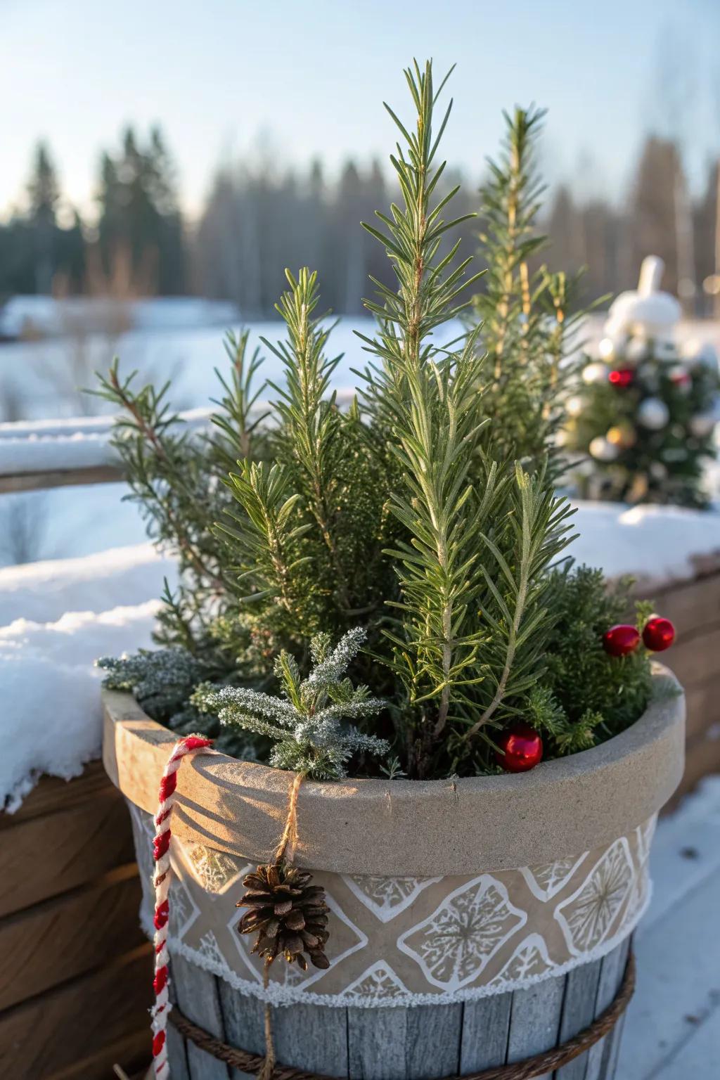 Potted herbs like rosemary add fragrance and utility