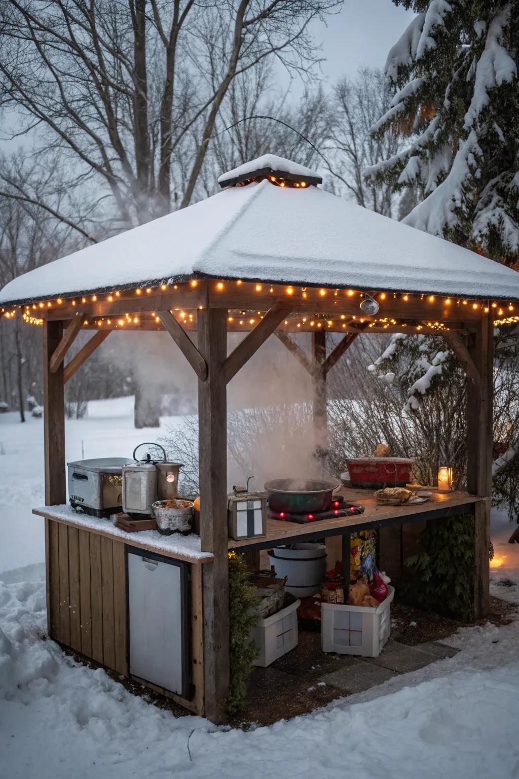 An outdoor kitchen adds culinary delights to your winter gazebo experience.