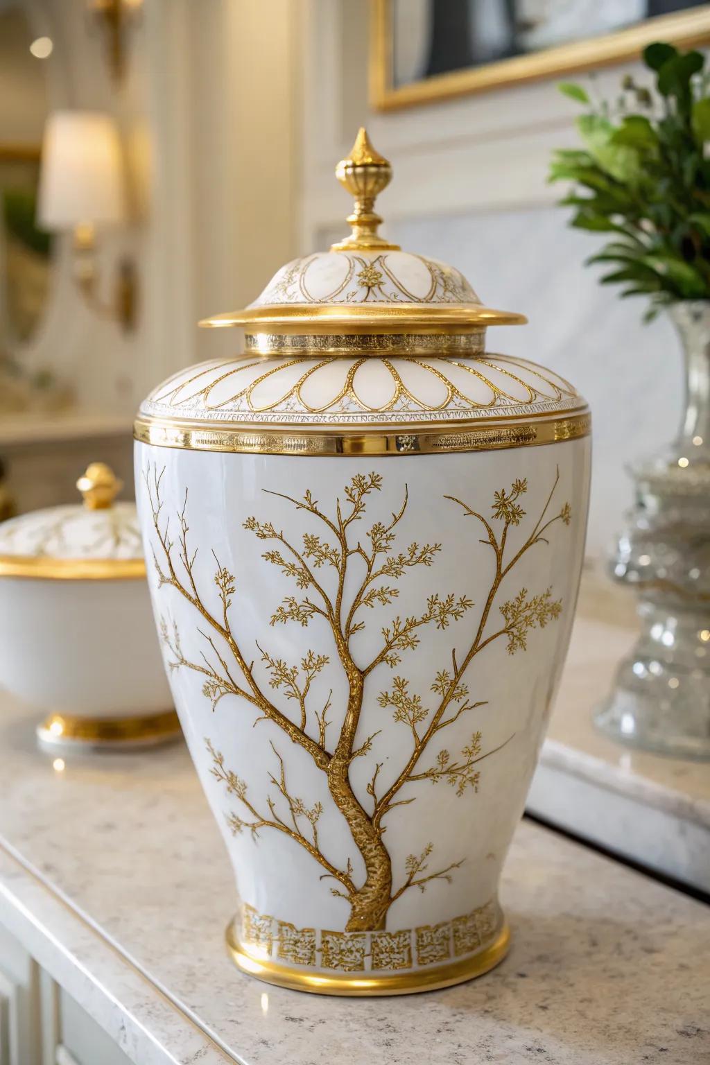 Gold accents bring a warm, luxurious touch to winter decor.