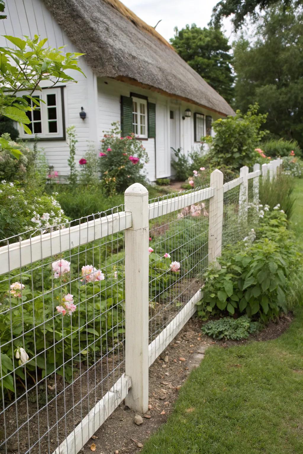 Cottage-style simplicity with whitewashed wood and wire mesh.
