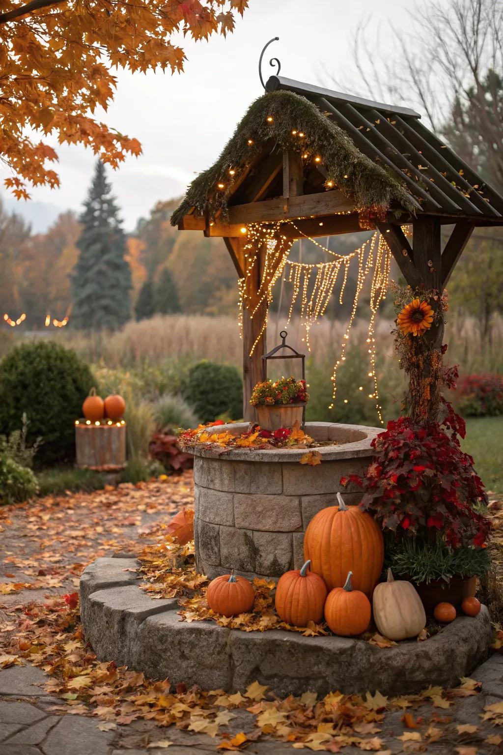 A wishing well can be a versatile stage for seasonal decor.