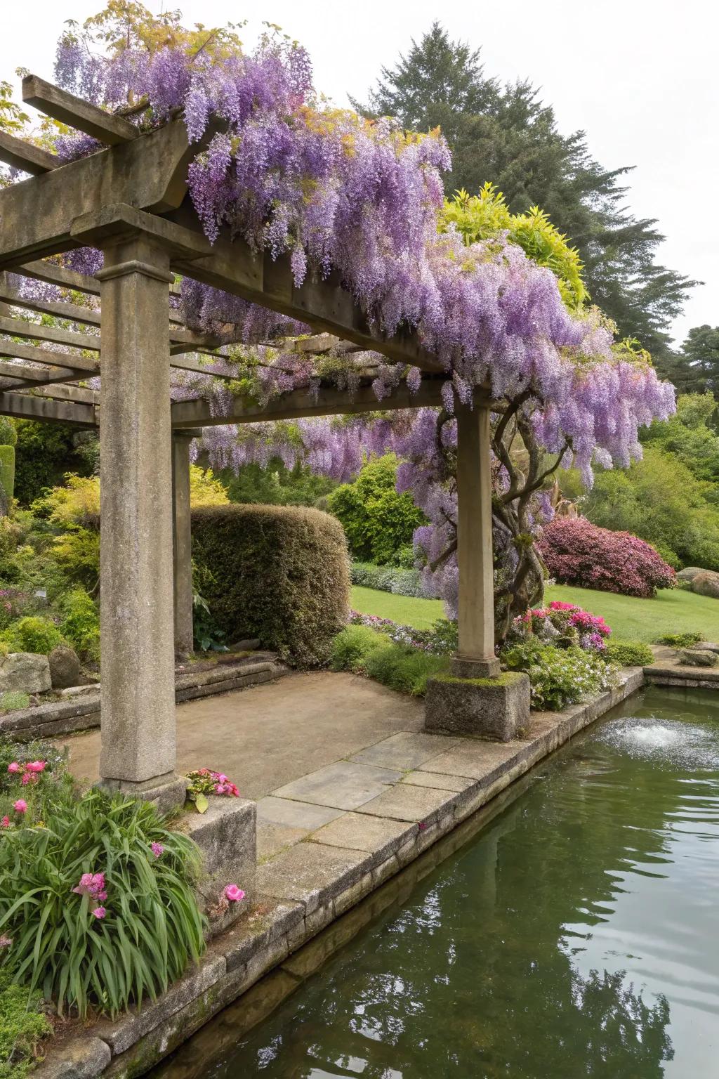 A sensory delight with wisteria and the soothing sounds of water.