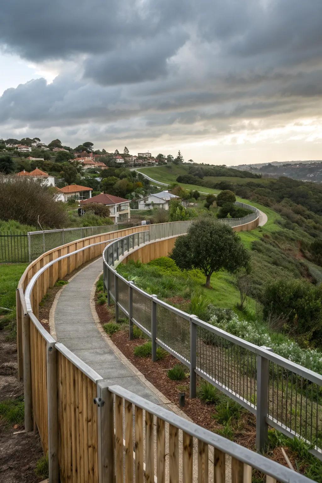 Unexpected elegance with a gracefully curved fence.