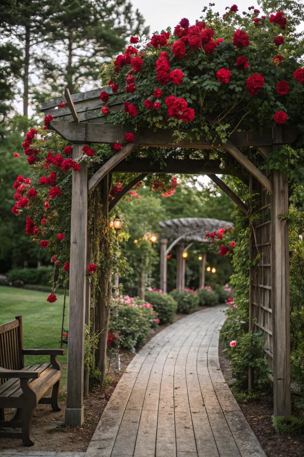 Romantic wooden arbor enveloped in blooming roses.