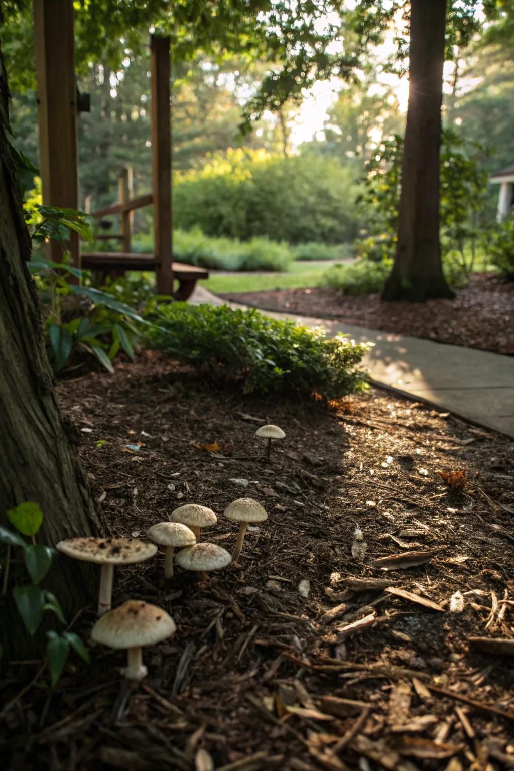 A delightful mushroom garden thriving on wood chips.