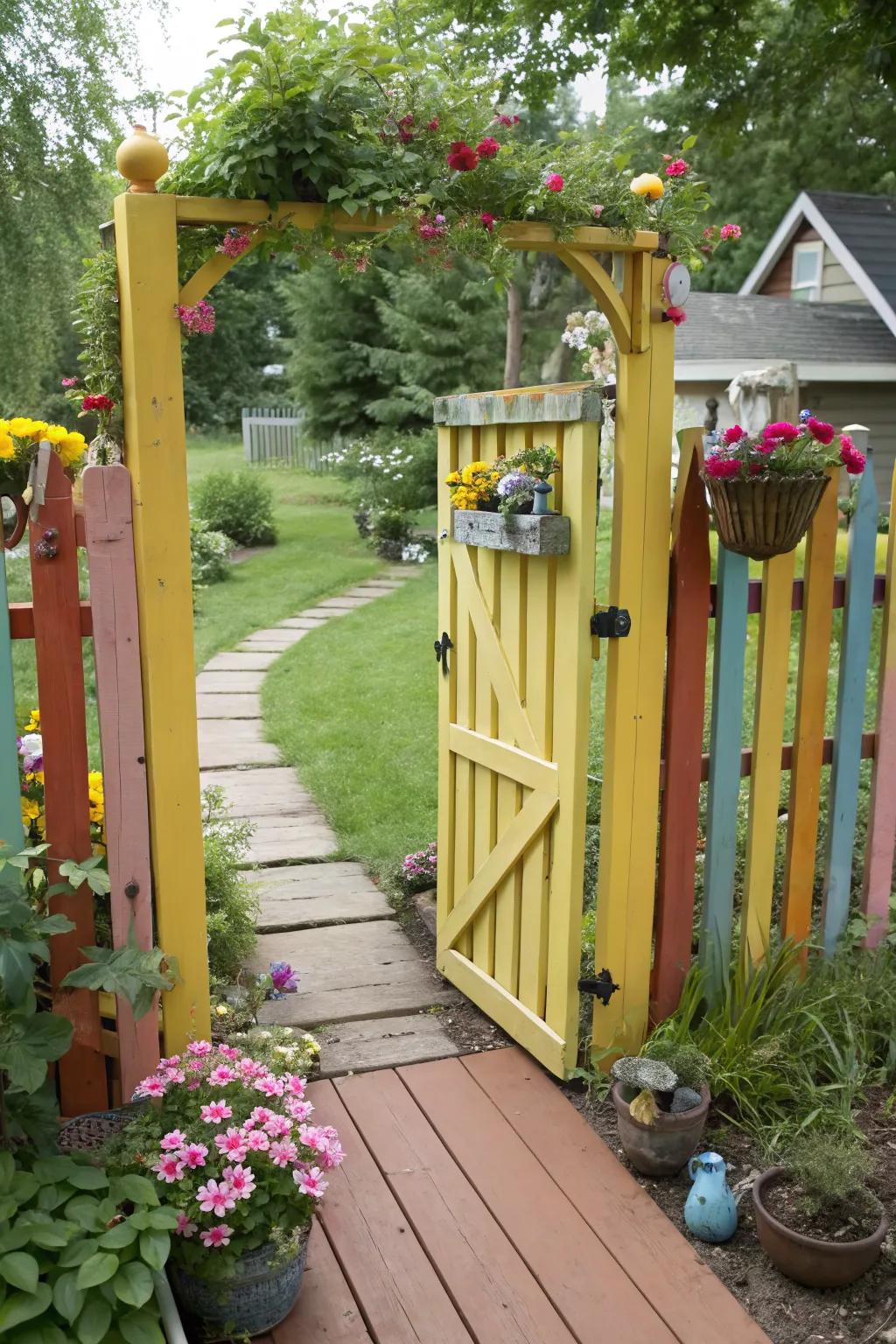 A whimsical painted gate that adds a pop of color to any deck.