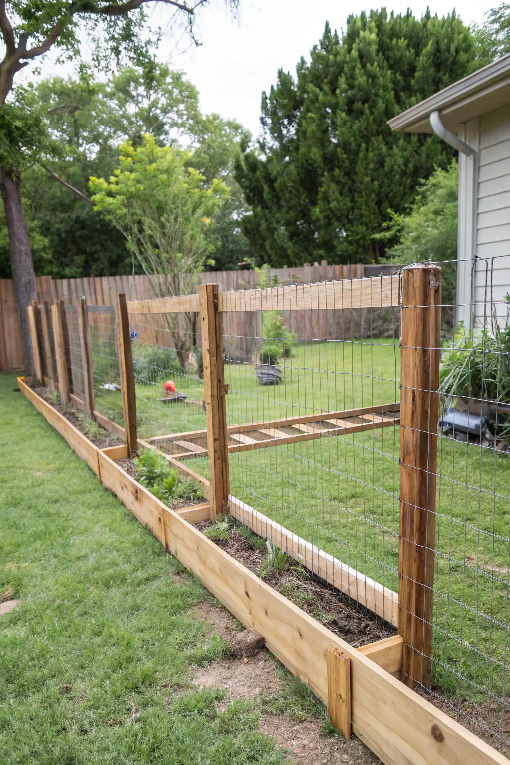 DIY wood and wire mesh fence project adding a personal touch to the backyard.