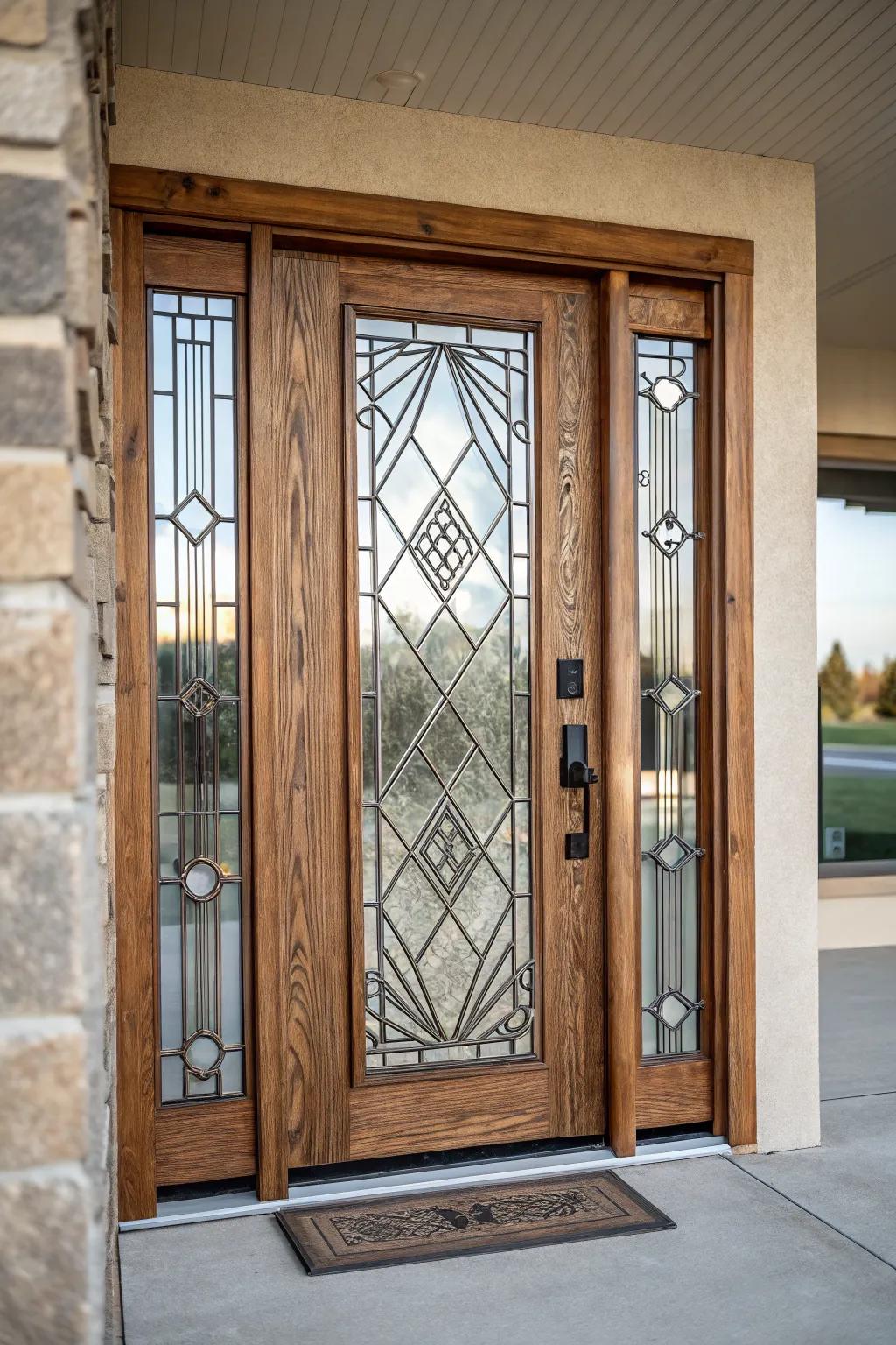 Geometric glass patterns add flair to wooden doors.
