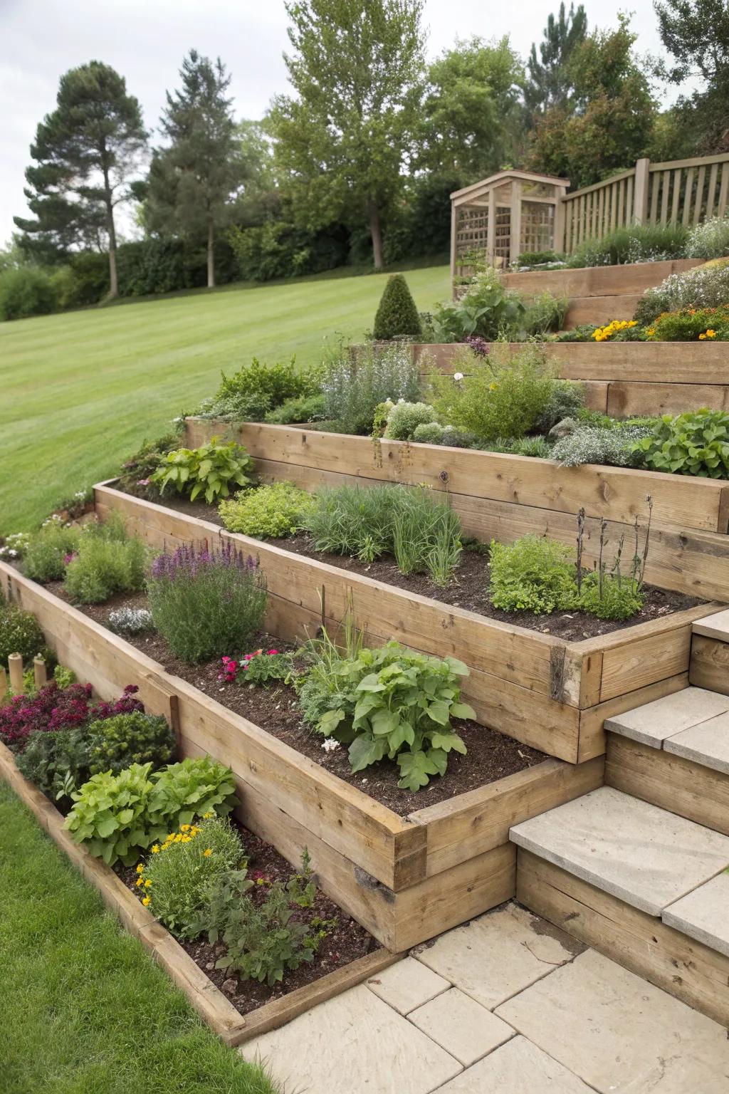 Tiered wood borders create dynamic layers in garden landscapes.