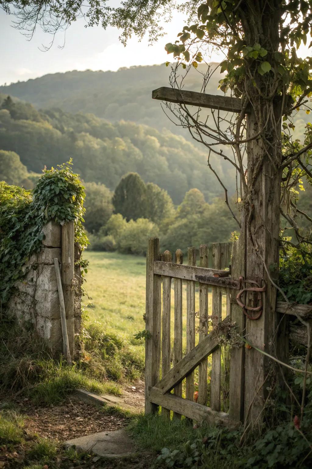 A wooden gate that harmonizes with the landscape, creating a seamless extension of the garden.