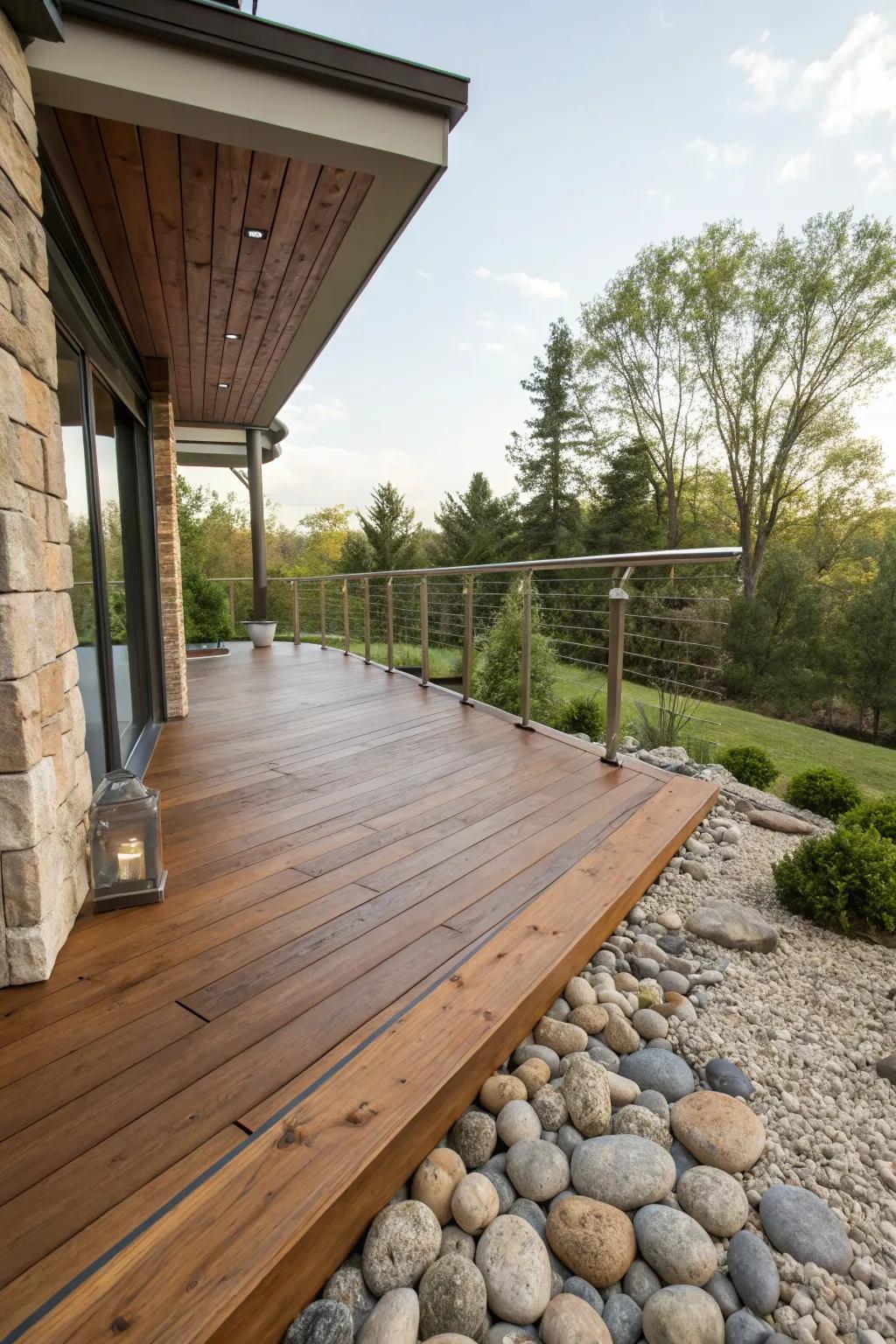 A wooden patio deck featuring a mix of materials for added interest.