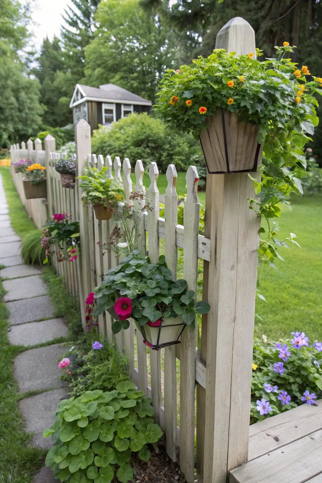 A vertical garden transforms this fence into a vibrant living wall.