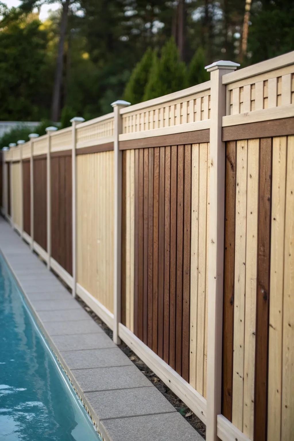 Dual-tone wood adds depth and sophistication to your pool fence.