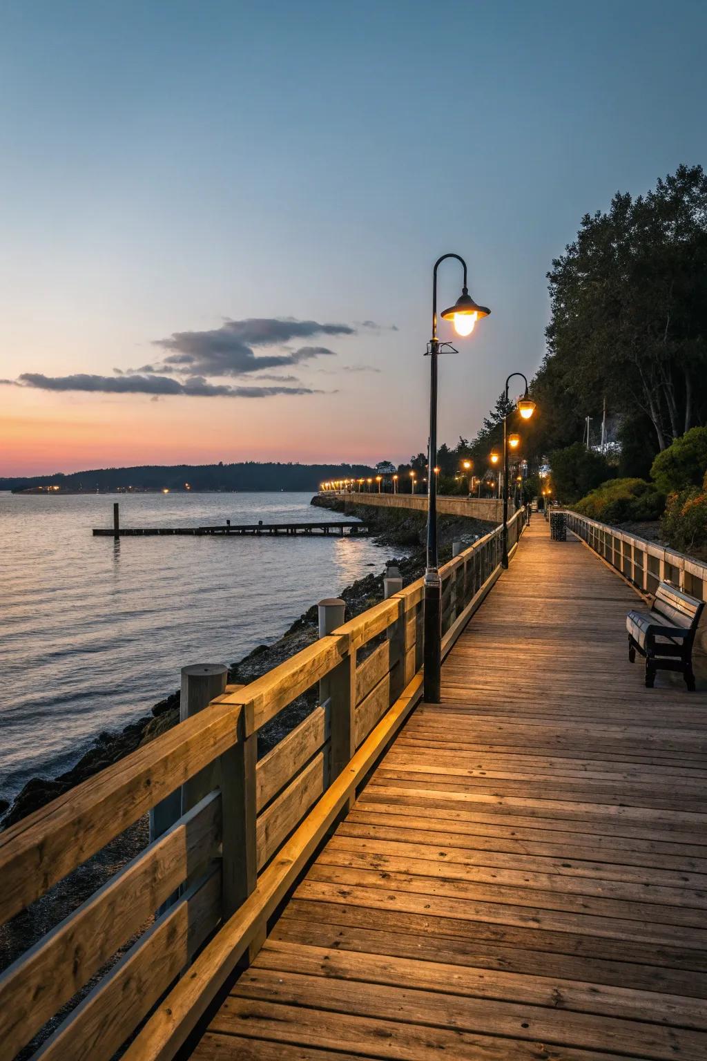 Soft lighting transforms this seawall into a magical evening retreat.