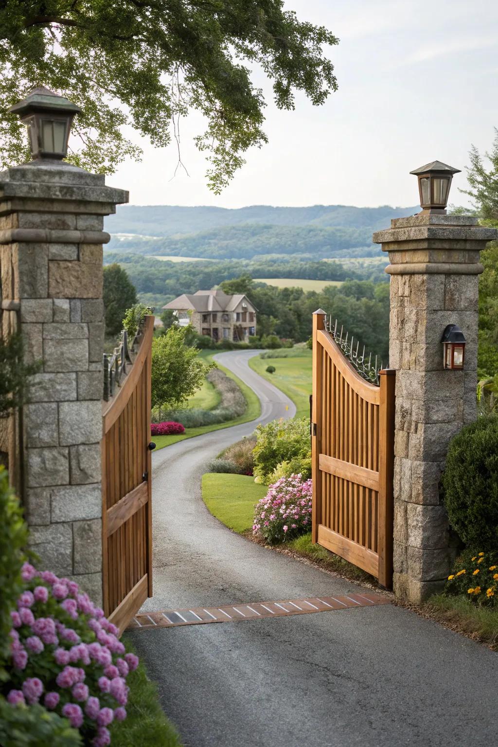 A wooden gate complemented by stately stone pillars.