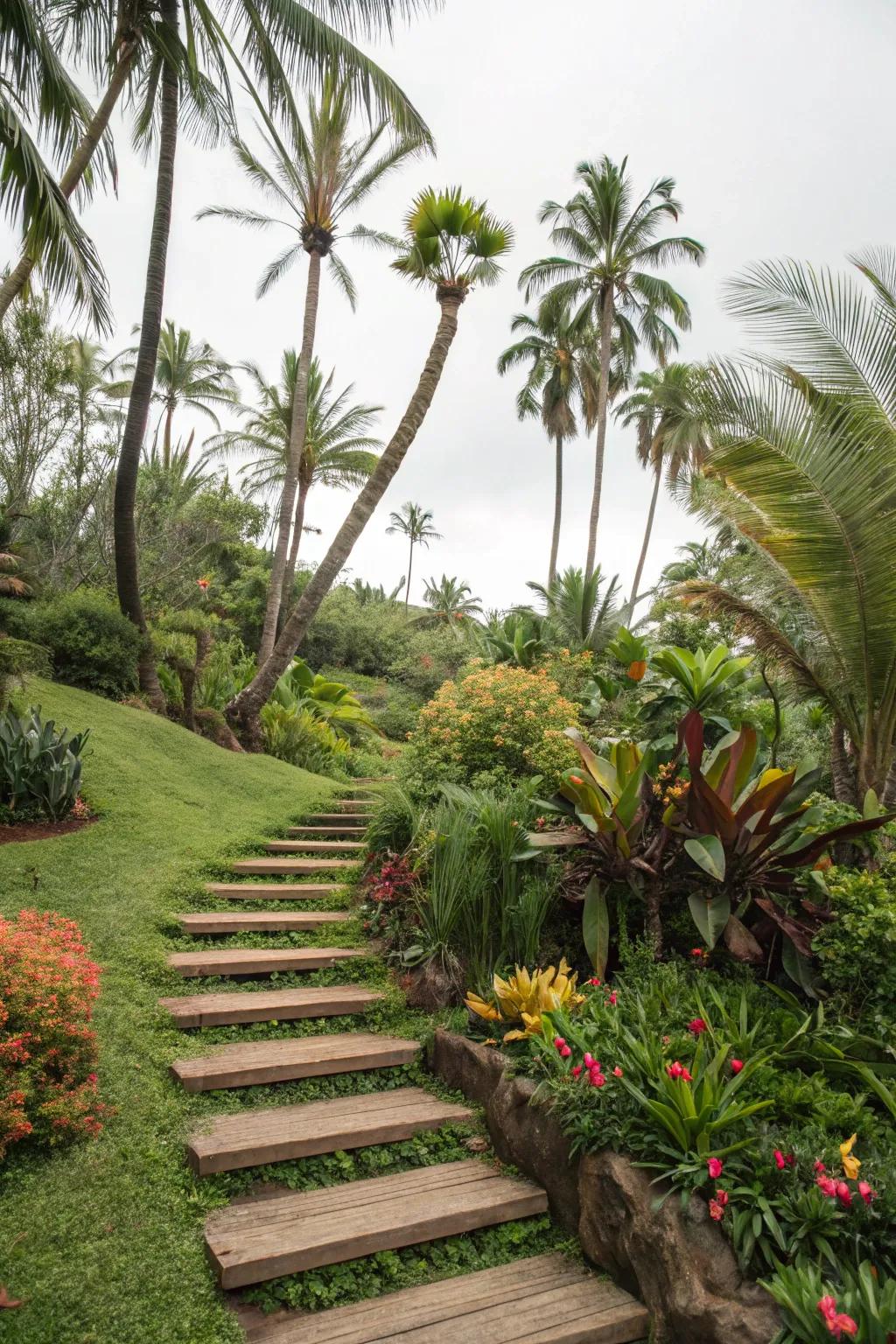 Tropical-inspired steps providing an exotic garden escape.