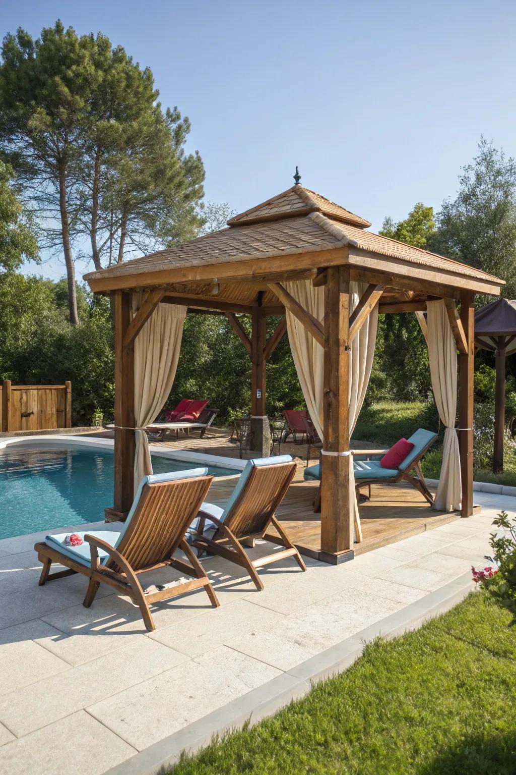 A luxurious poolside cabana offering shade and relaxation.