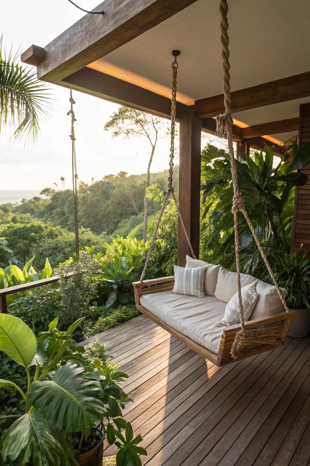 Swings add a playful charm to wooden patios.