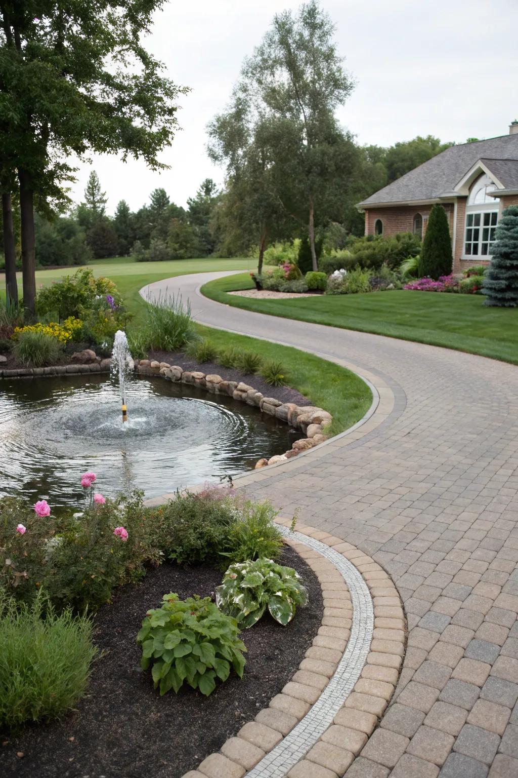 A luxurious wrap around driveway with a tranquil water feature.