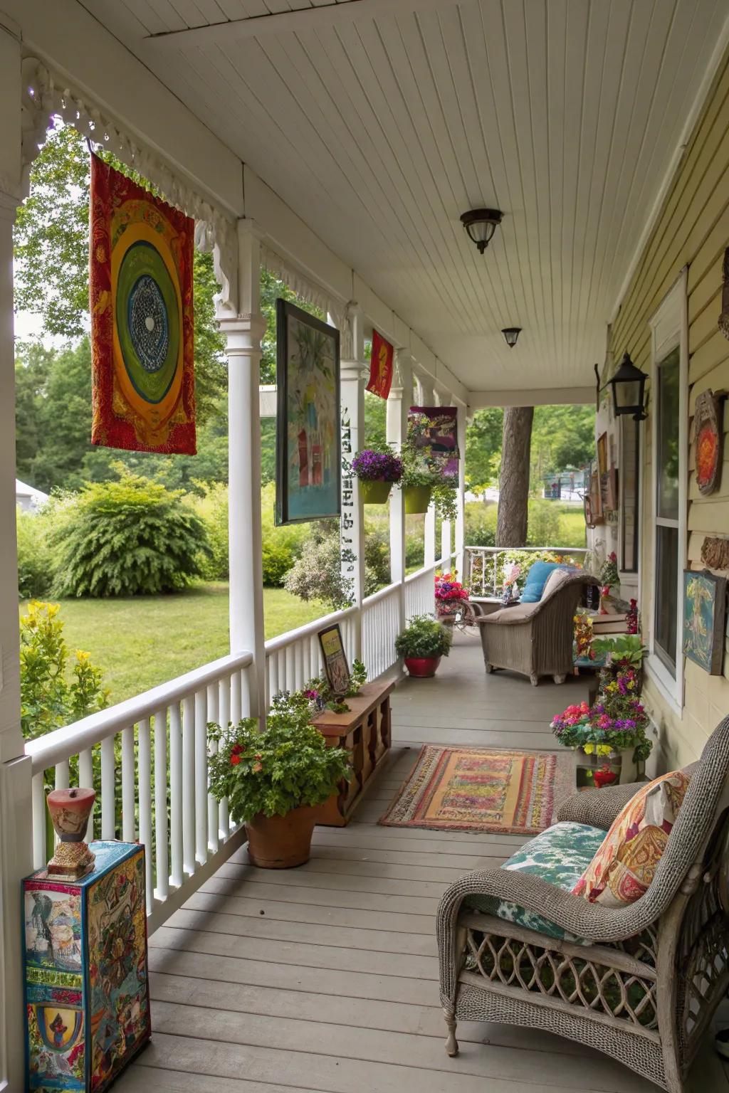 Artwork and accents on a wrap around porch