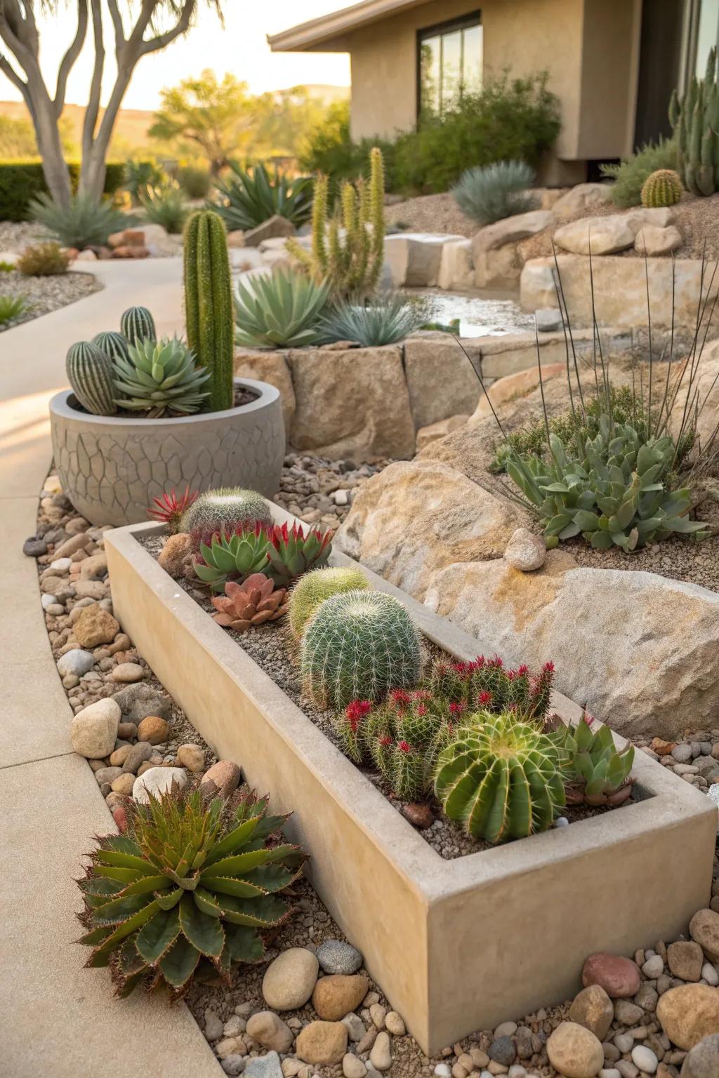 Artistic containers add flair to this xeriscape garden.