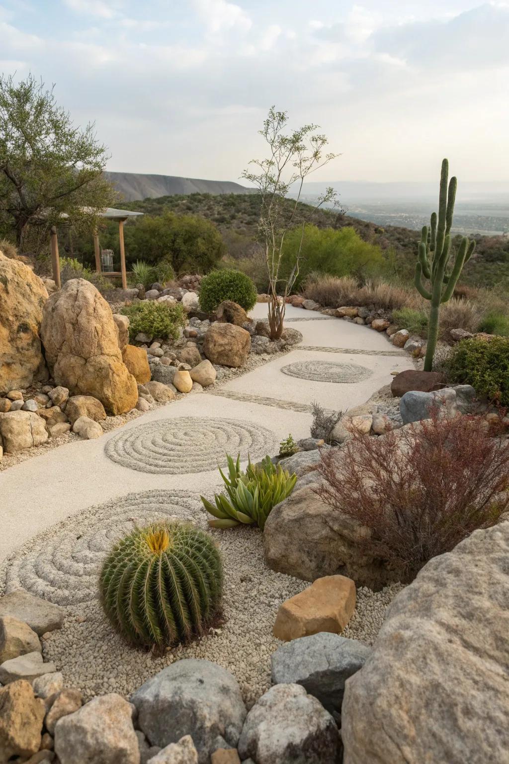 A rock garden adds artistic charm.