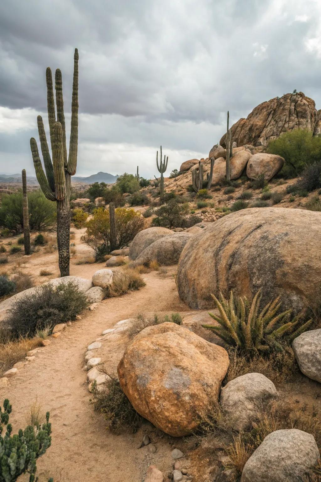 A rock garden featuring boulders and cacti in New Mexico.