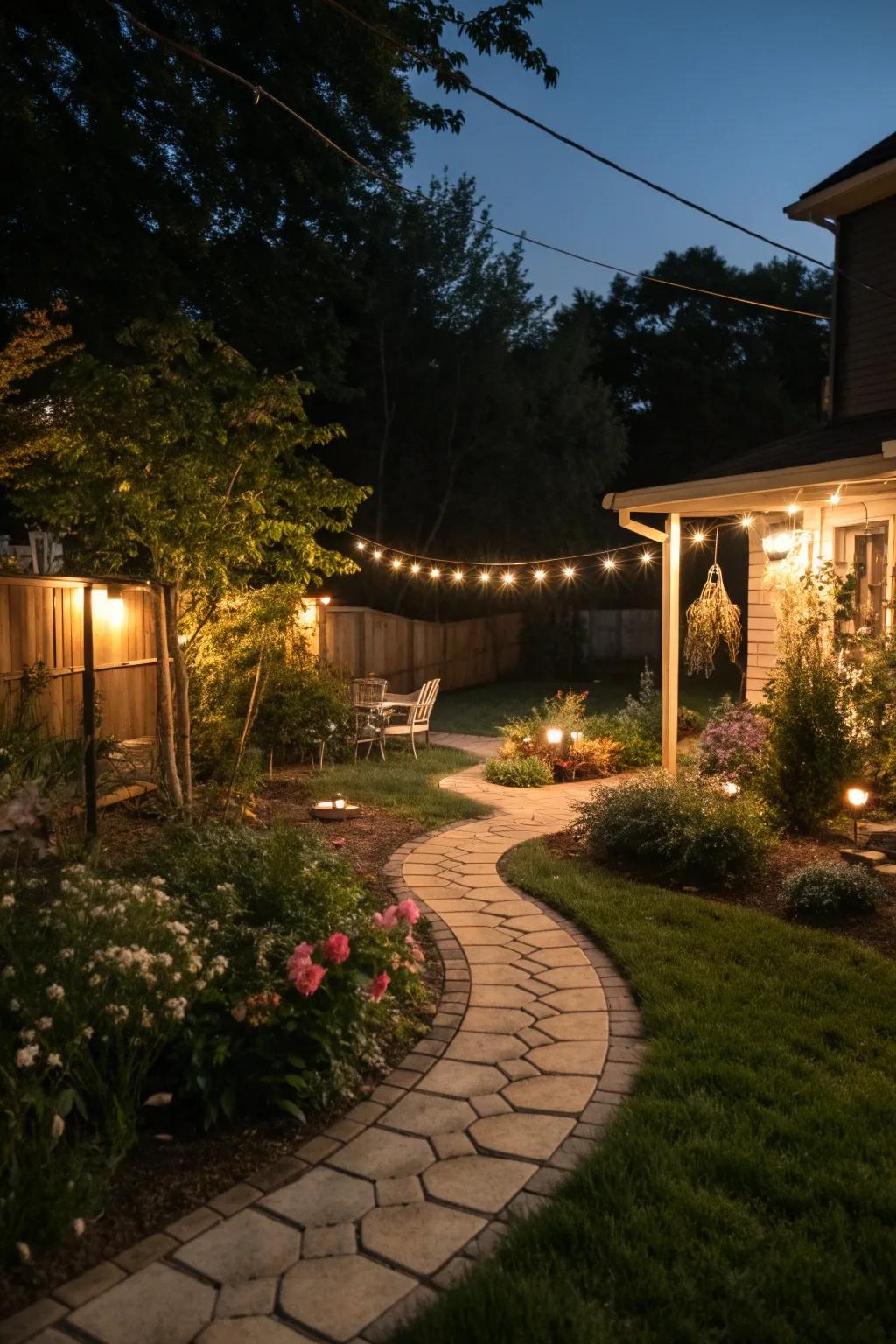 Outdoor lighting creates an inviting ambiance after dark.