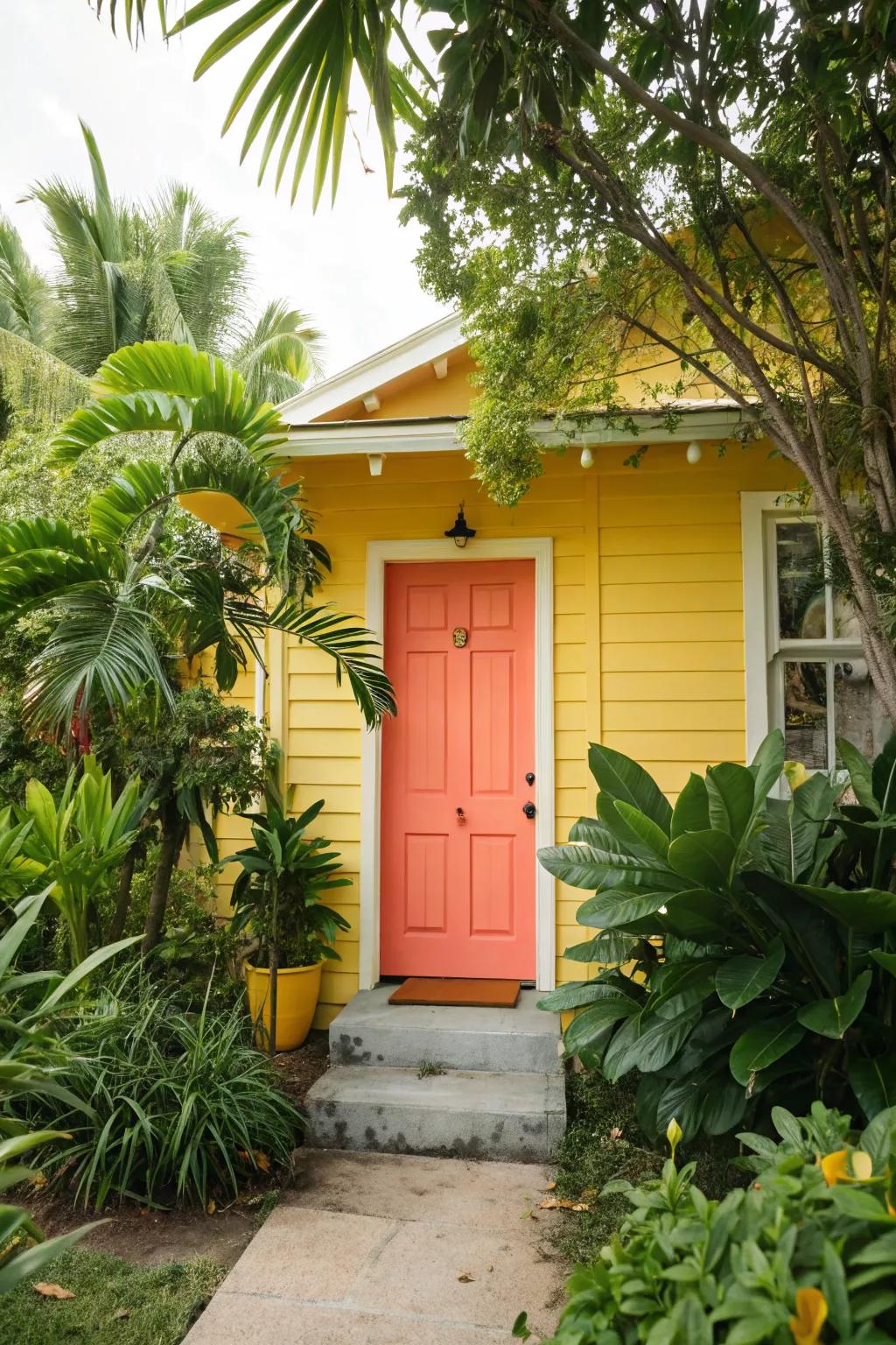 Coral doors add vibrant charm to yellow exteriors.