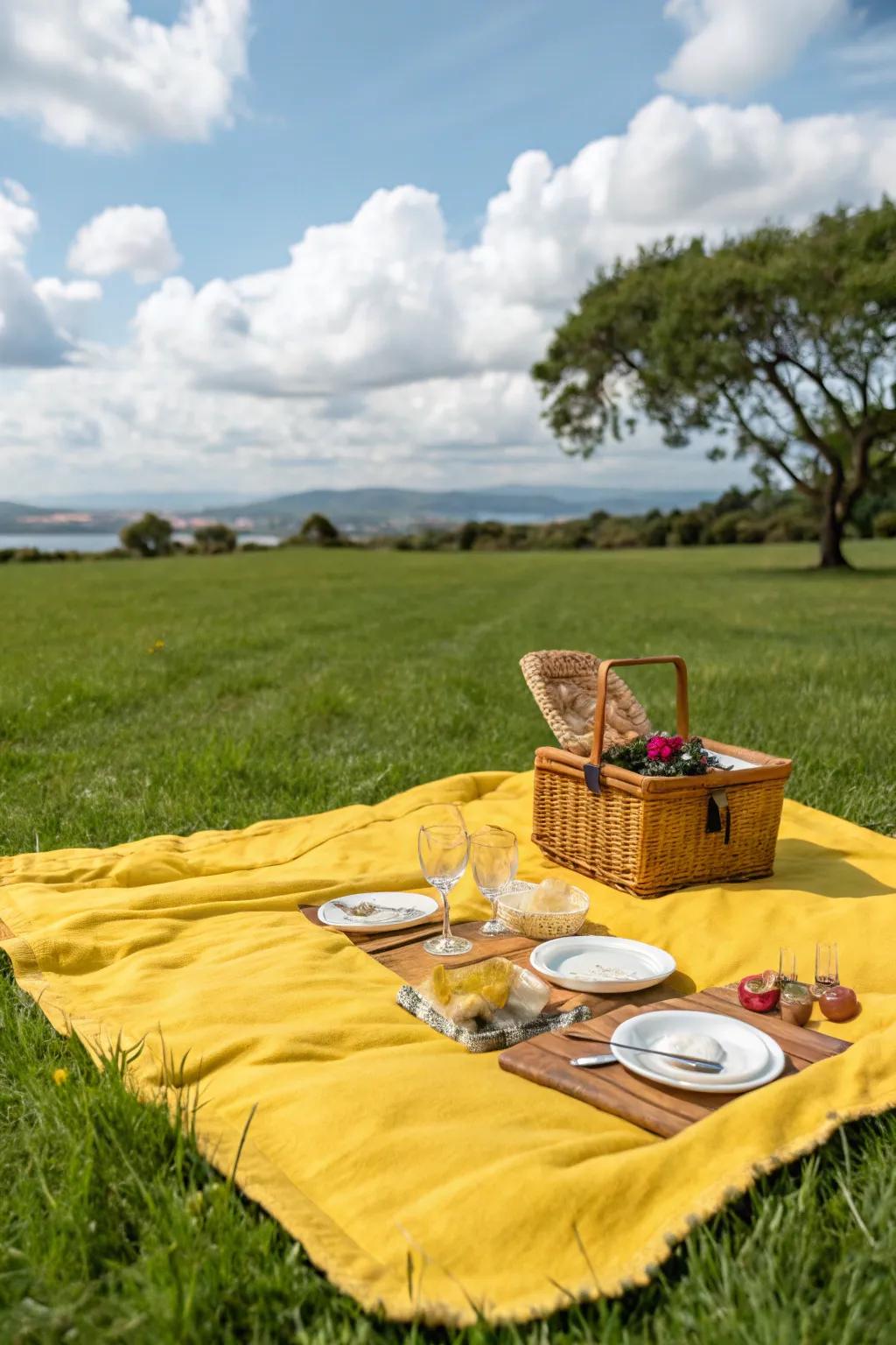 A chic yellow blanket providing comfort and style for a picnic.