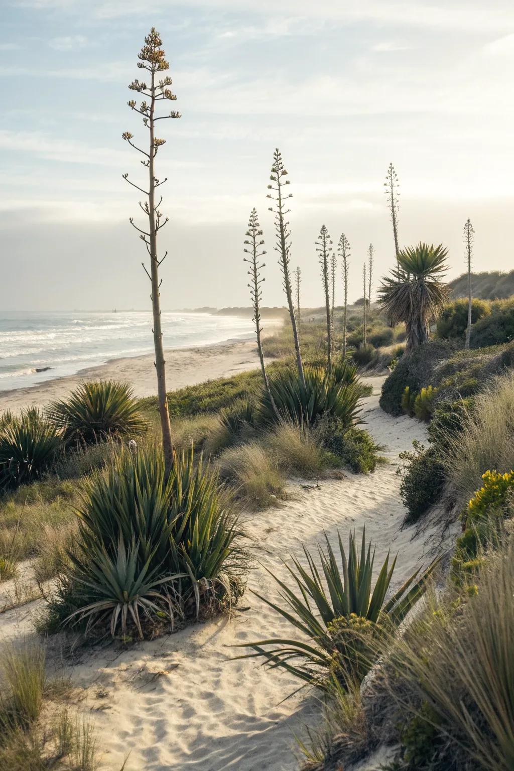 Yucca plants in a coastal retreat garden.