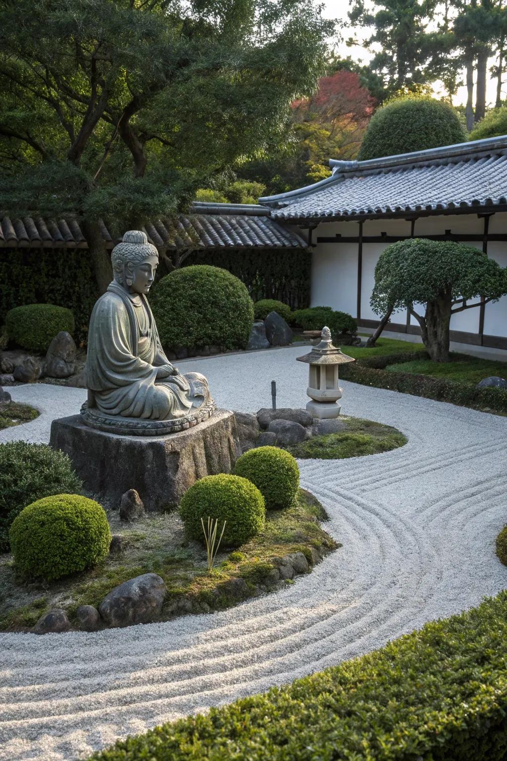 A Buddha statue serves as a spiritual focal point in a zen garden.