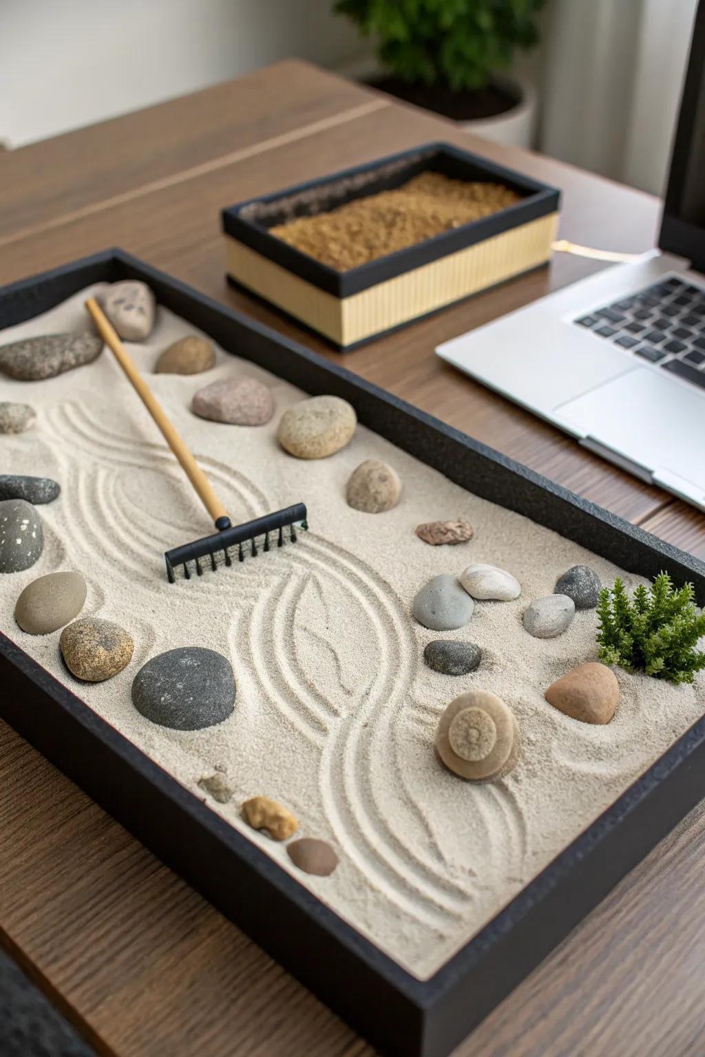 A mini zen garden brings tranquility to indoor spaces.
