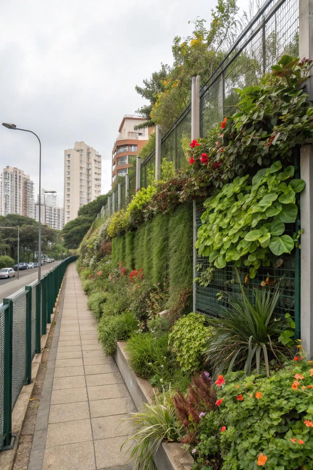 A vertical garden showcasing plants growing on walls and fences.