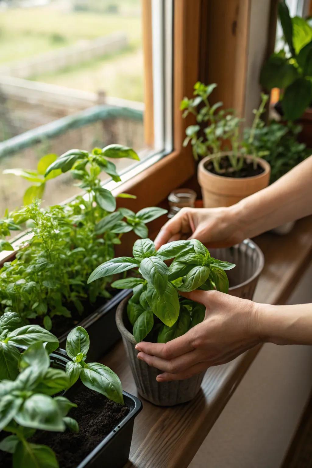 Promote herb growth by pinching plant tops.