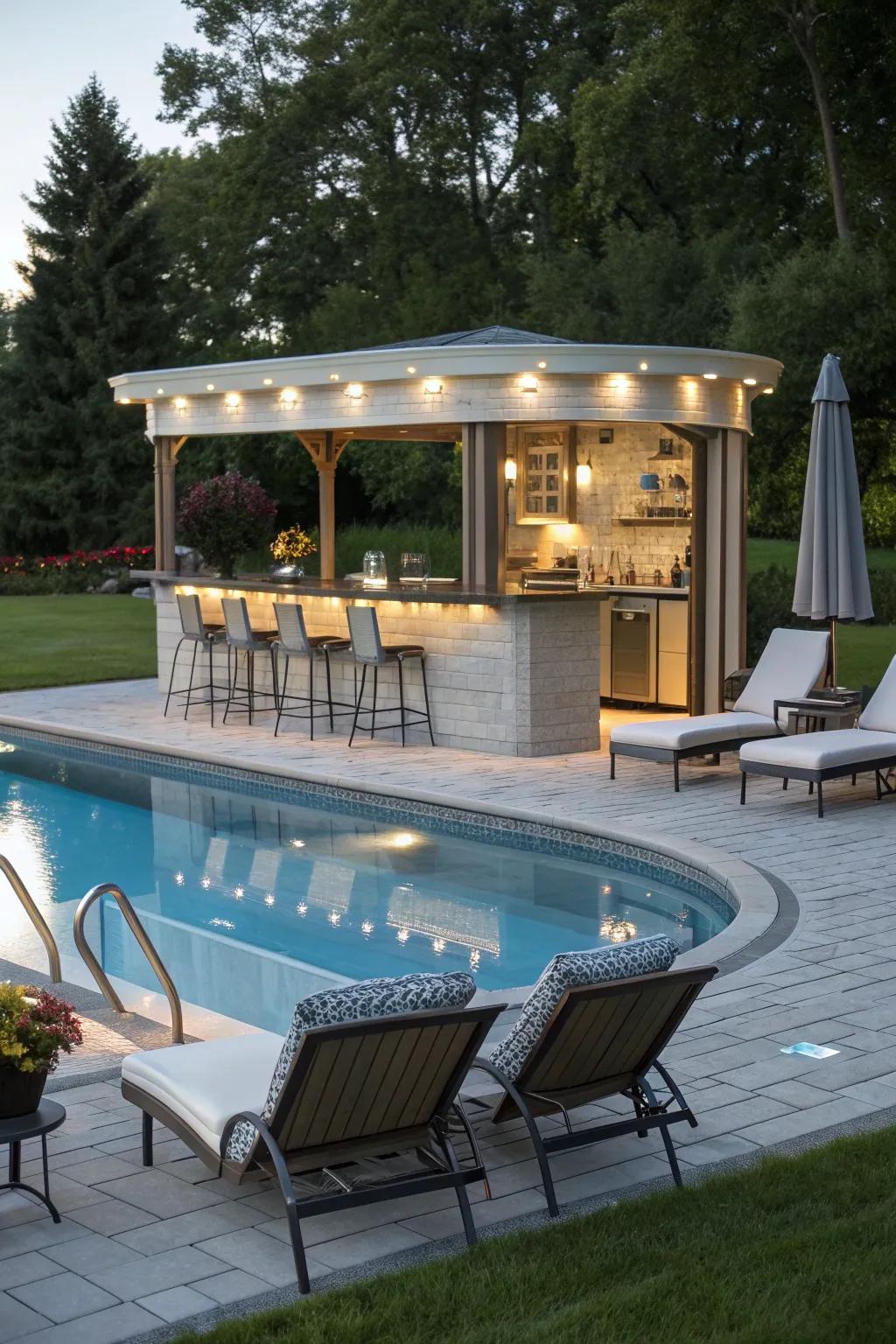 A lively pool bar adjacent to a 16x32 inground pool.