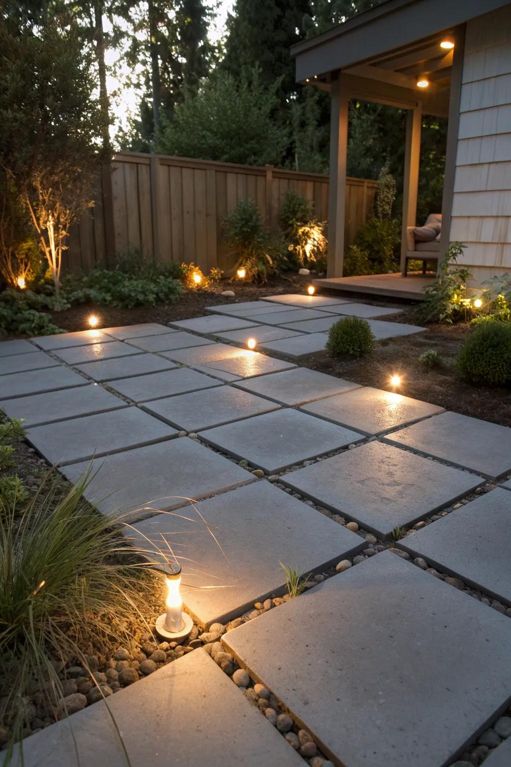 Integrated lighting transforms a paver patio into a nighttime oasis.