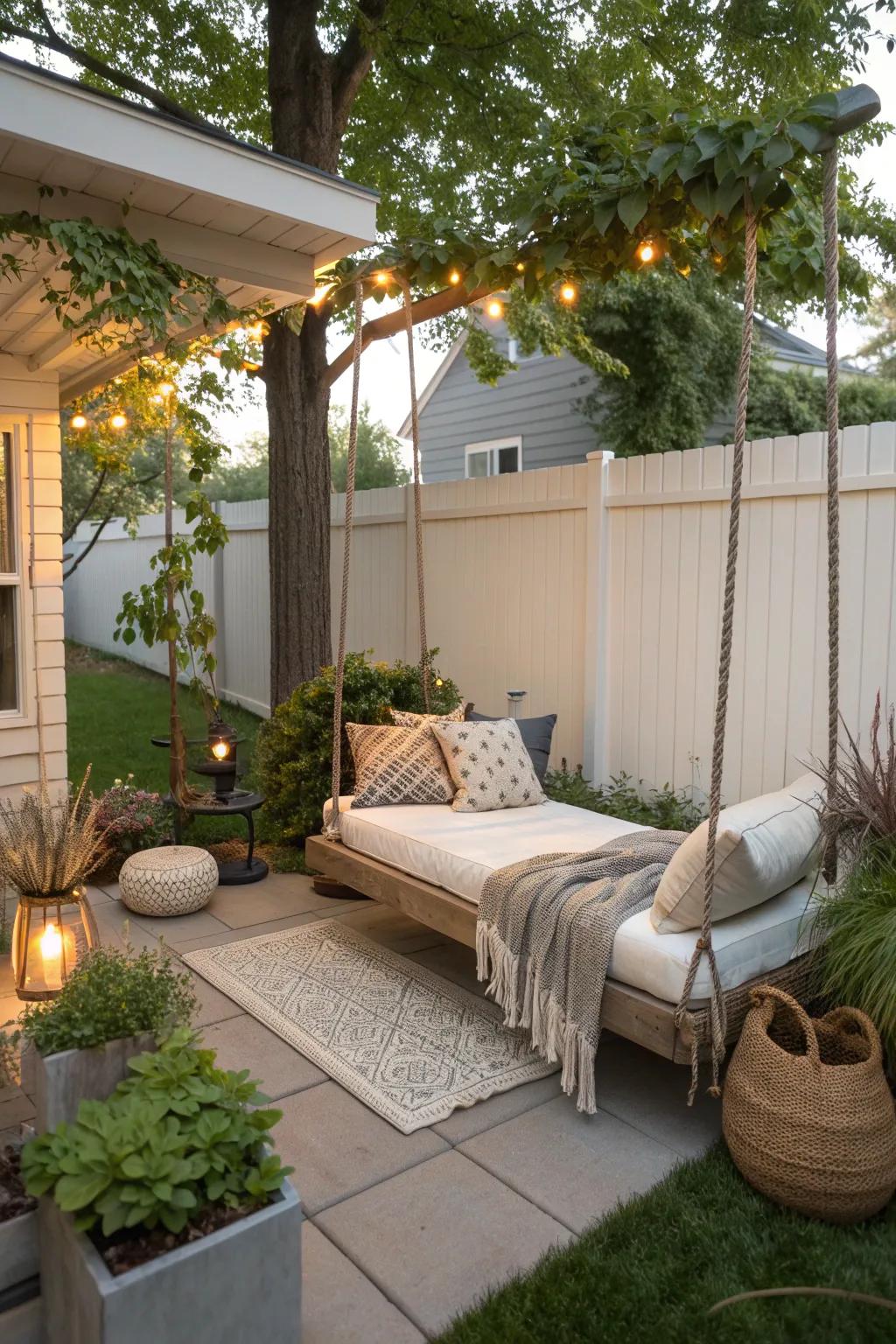 A hanging daybed adds whimsy and comfort to your patio.
