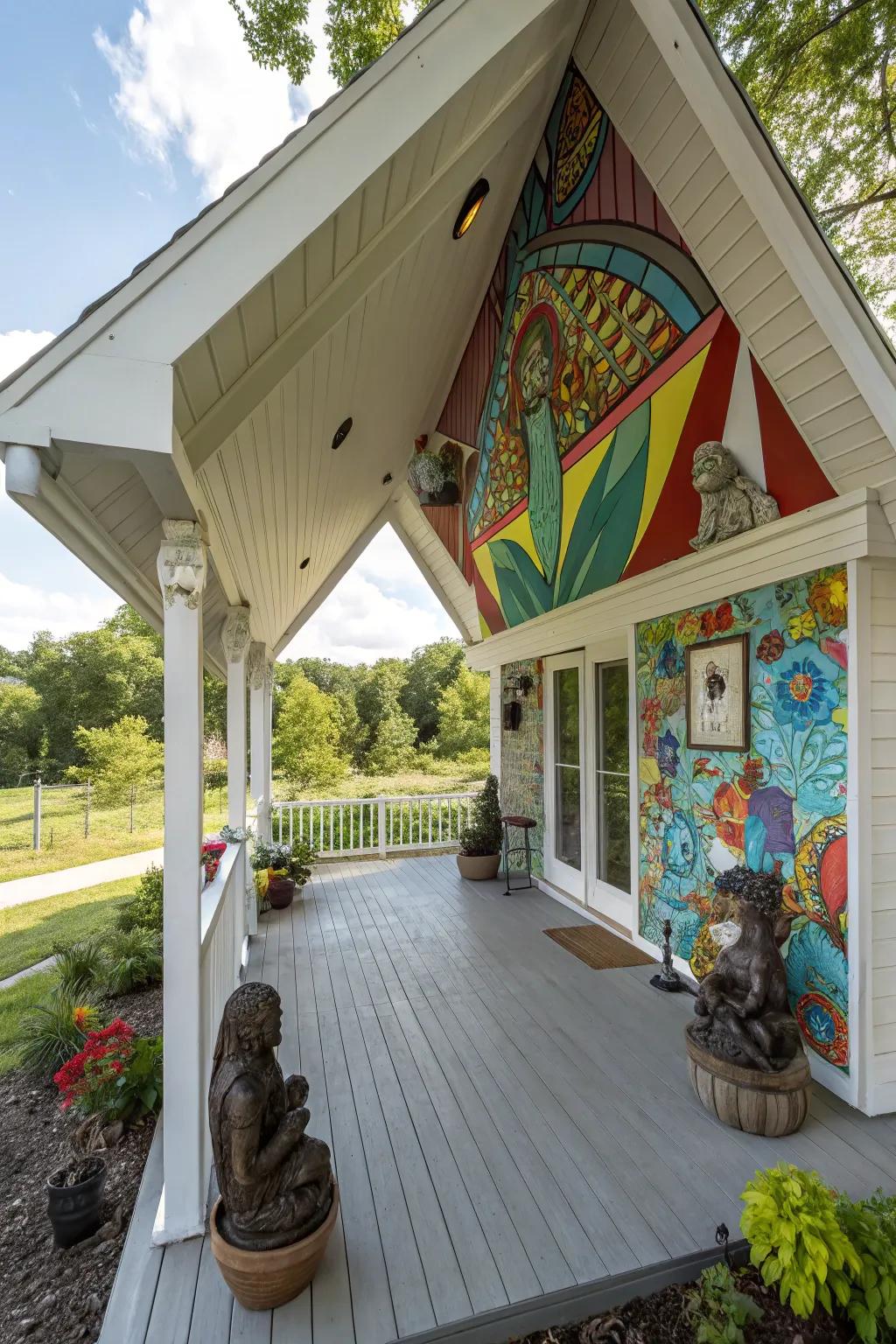 Artistic accents transform this porch into a creative retreat.