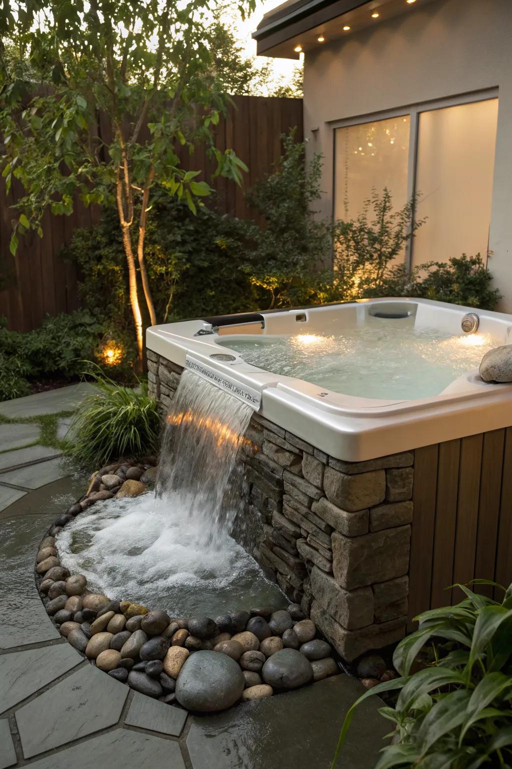Enhance your relaxation with a soothing waterfall feature.