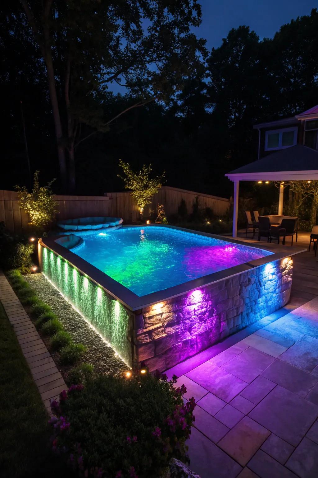LED lights transform your pool into a magical nighttime retreat.