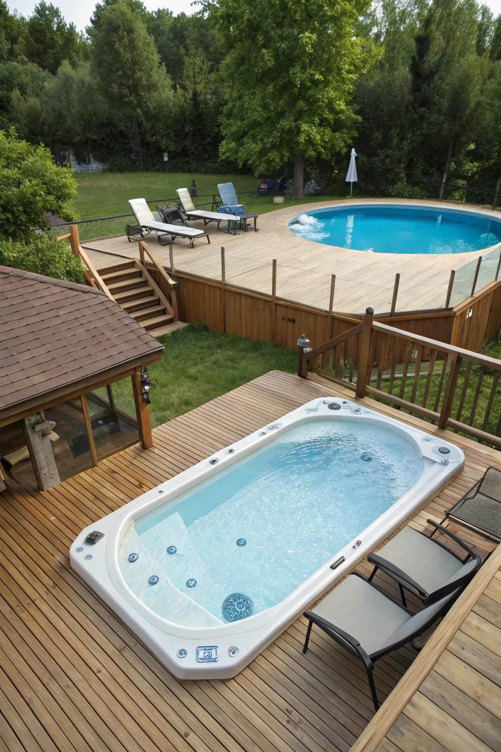 A hot tub adds a spa-like vibe to your outdoor retreat.
